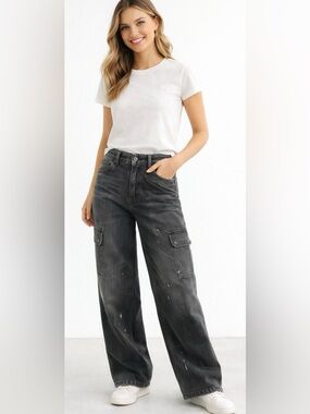 ZARA Grey Paint-Splatter Cargo Wide Leg Jeans | Utility Streetwear Denim‎